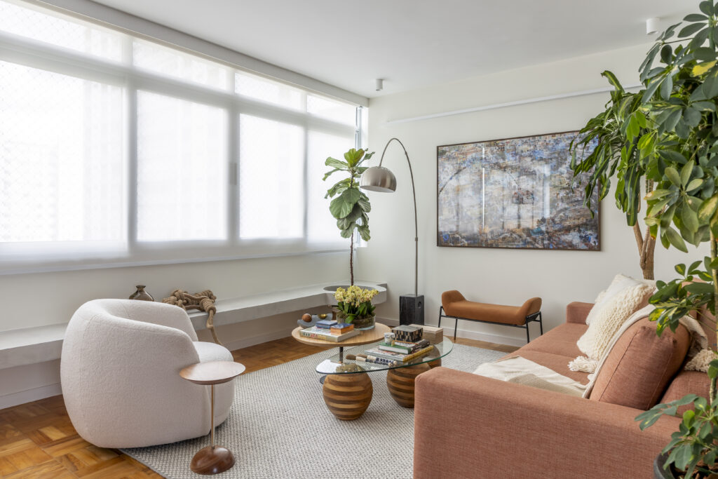 Sala de estar inspirada na temática de apartamento Brasília antigamente