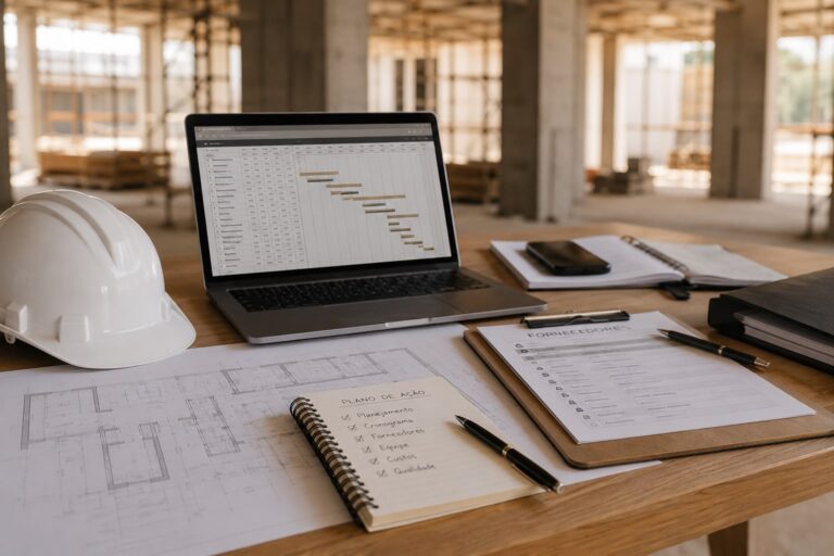 Notebook, prancheta e carerno acima da mesa representando gerenciamento da obra
